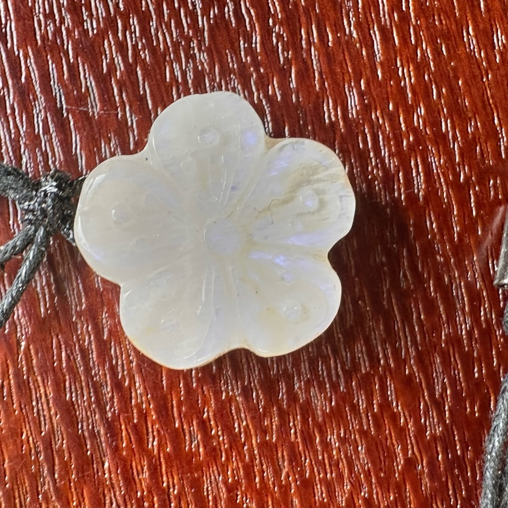 Small Moonstone Flower Pendant Necklace on Black Rope, Subtle Blue Flash - Picture 5 of 15